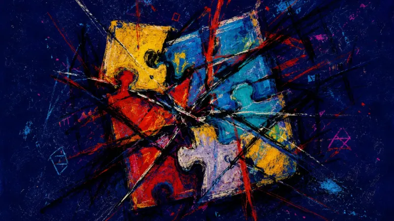 Misfit Pieces A distorted jigsaw puzzle represents study-tool hopping, showing choice overload, interrupted