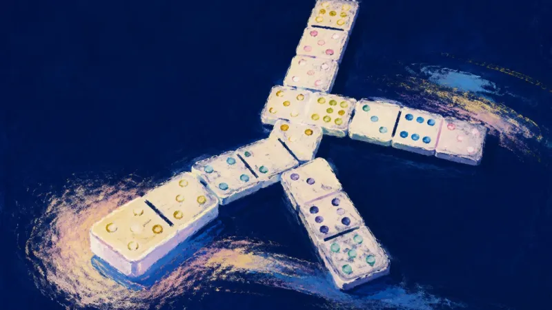 Sequence Finds Rhythm An orderly domino sequence represents group-work paralysis resolved through one bounded draft, clear