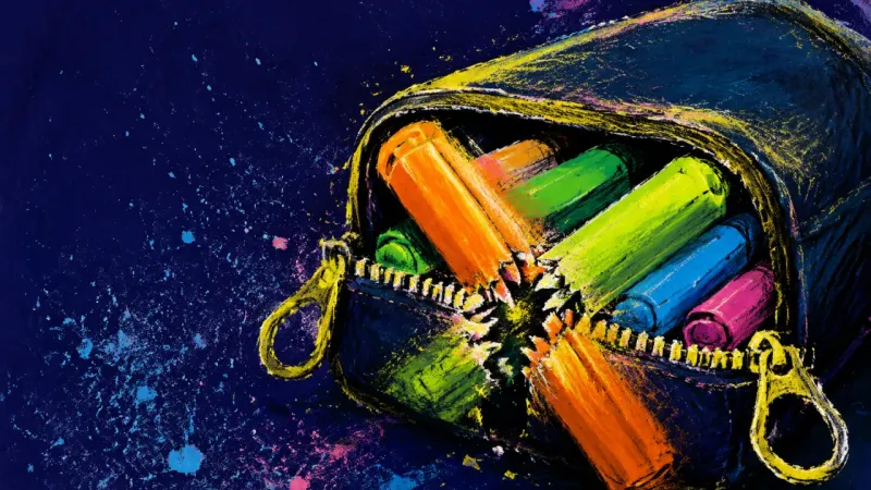 An overfilled pencil case splitting around crossed highlighters, symbolizing preparation used to