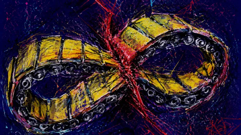 Jammed Continuity A crushed conveyor belt trapped by chaotic lines, representing perfectionism, coursework avoidance, and the loss of a workable study rhythm.