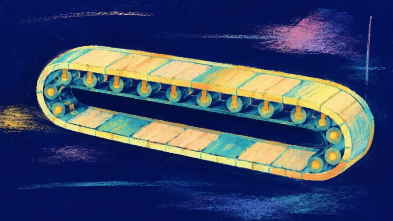 Rhythm Carried Forward A restored conveyor belt forms a steady sequence, representing coursework progress rebuilt through brief, imperfect, repeatable sessions.