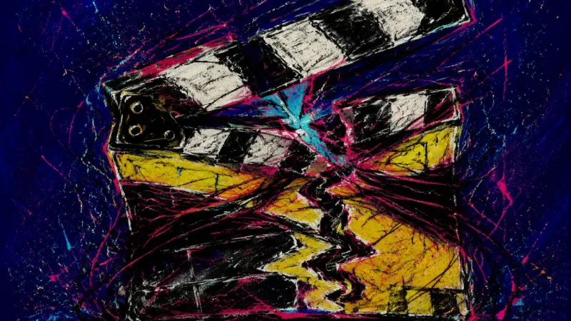 Action Withheld A distorted clapperboard trapped in tangled marks, representing career anxiety and the paralysis of