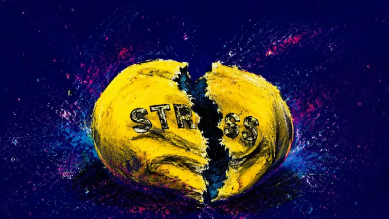 A split company stress ball crushed out of shape, symbolizing the private strain of staying in a job