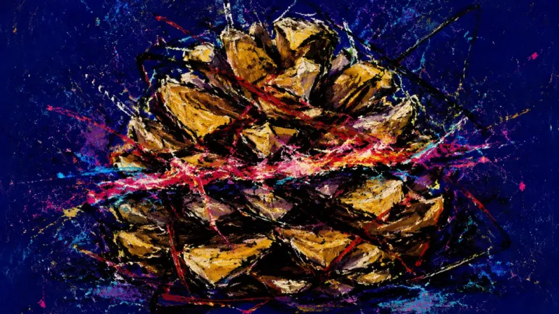 A compressed pinecone strangled by tangled lines, expressing ambivalence and the pressure to protect
