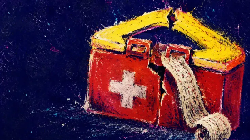 A first-aid kit crushed around its own bandage, symbolizing the helper who hides personal needs to