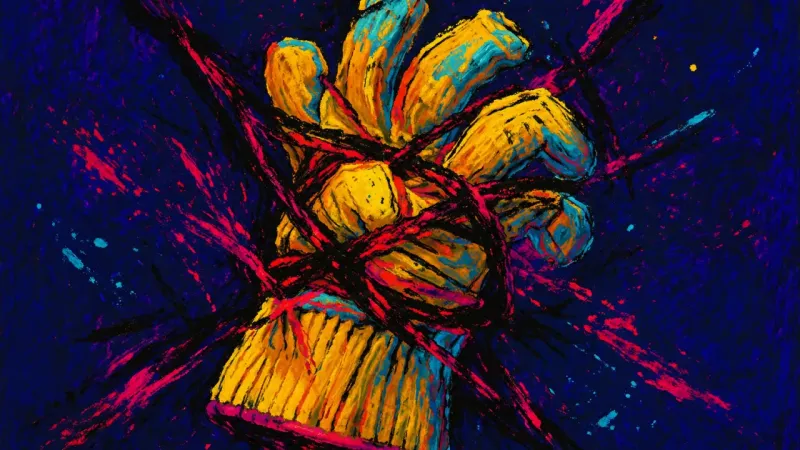The Giver Bound A contorted glove bound by dense crossing lines, representing one-way emotional caretaking and fear
