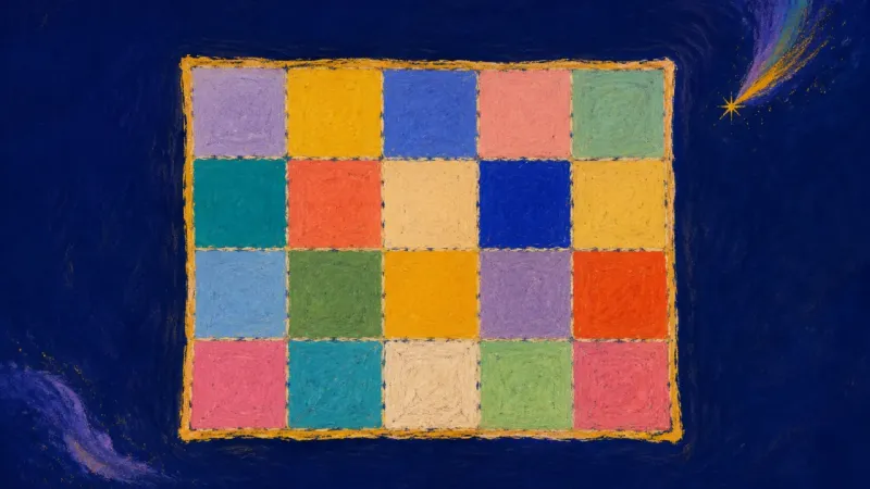 Pattern Restored An evenly restored quilt with balanced patches, representing grief integrated into clear needs and a