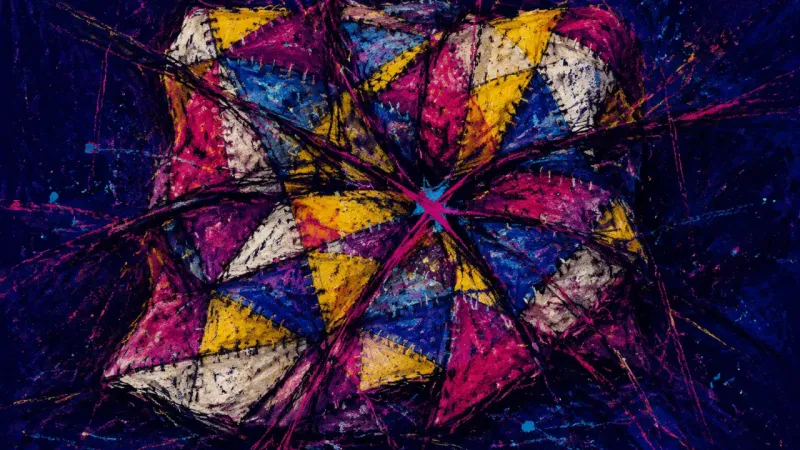 A crushed patchwork quilt tangled by harsh lines, representing family boundary guilt and the erosion