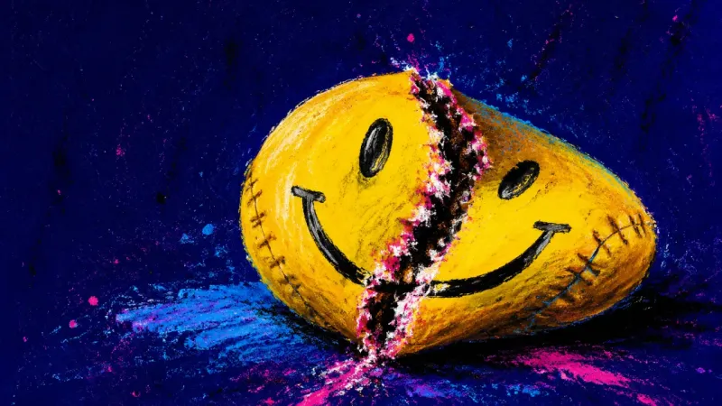 A ruptured stress ball with a distorted smile, symbolizing the pressure of hiding workplace risks to