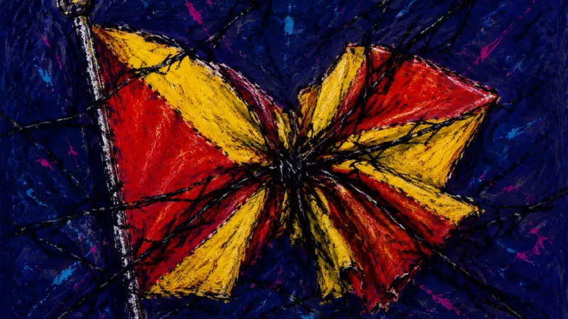 Signal Under Siege A crushed signal flag trapped in a dense tangle, representing workplace risk silence, overload, and