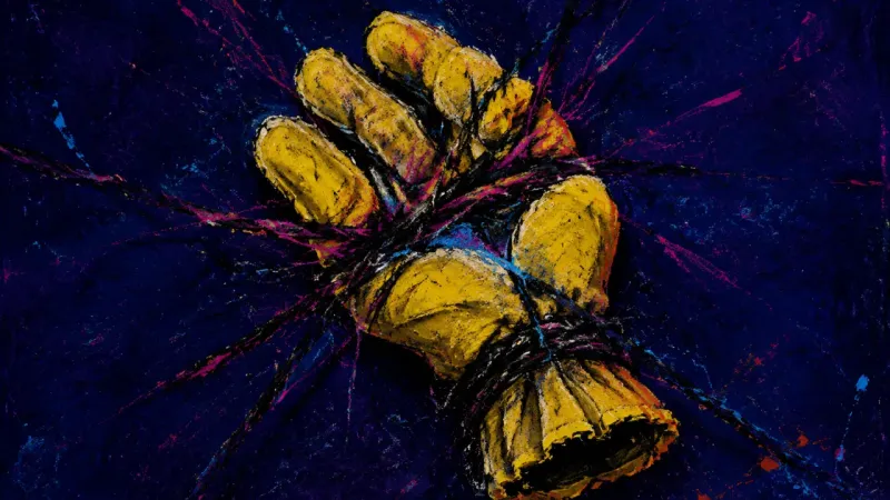 The Compelled Grip A glove crushed into a dense knot of crossing lines, representing family triangulation and the275