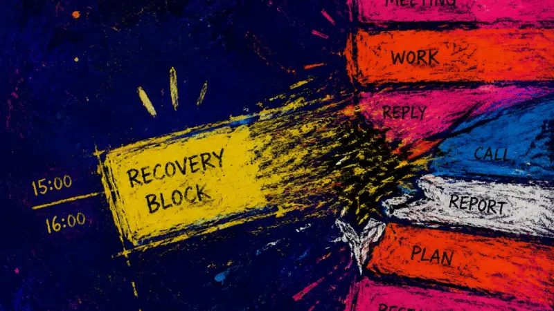 The Erased Pause A scheduled break crossed out as deadlines pile up, symbolizing the fear that rest will worsen an un