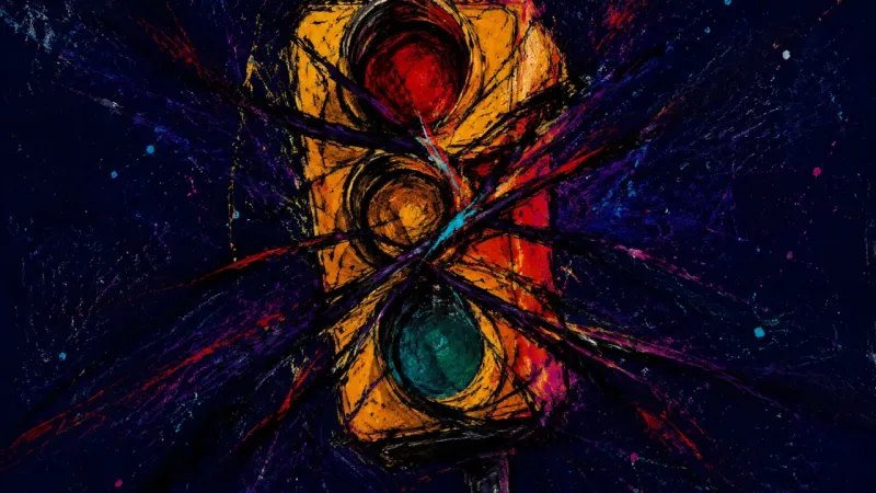 Permission Gridlock A crushed traffic signal tangled into a stop, symbolizing approval-based paralysis and weakened self