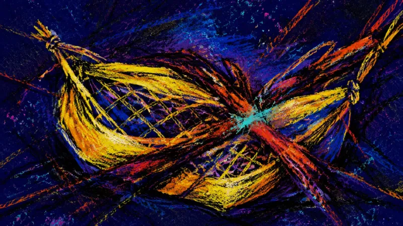 Hammock Under Siege A hammock crushed by tangled bands, representing exhaustion and the oppressive belief that constant