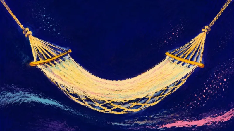 The Unfurled Pause An open hammock with an even lattice, representing a rest boundary restored within friendship and a