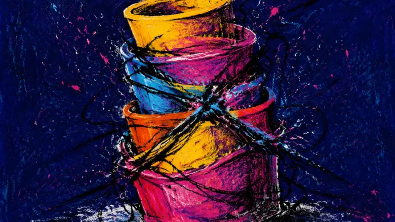 Stacking cups crushed into a tangled mass, representing self-abandonment and guilt caused by