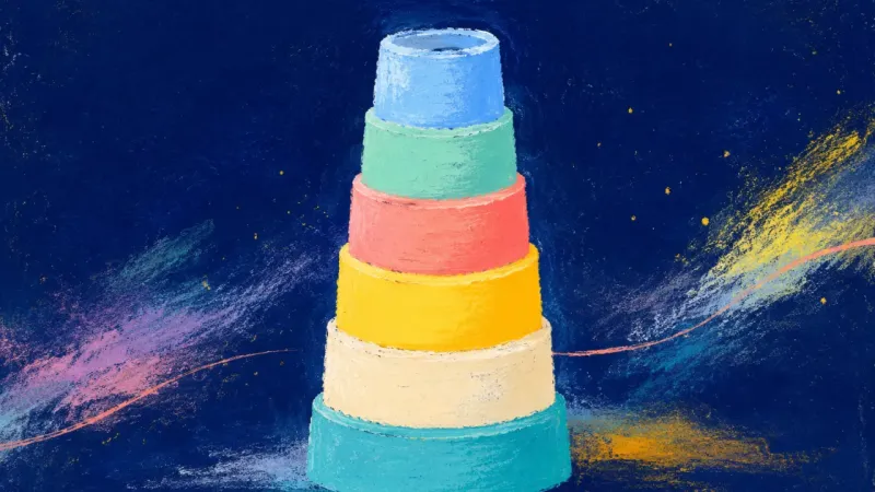 Distinct stacking cups form a balanced sequence, representing family belonging that makes room for a