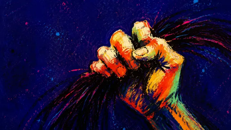 A hand grips a compressed lock of hair, symbolizing how endless self-help research can intensify