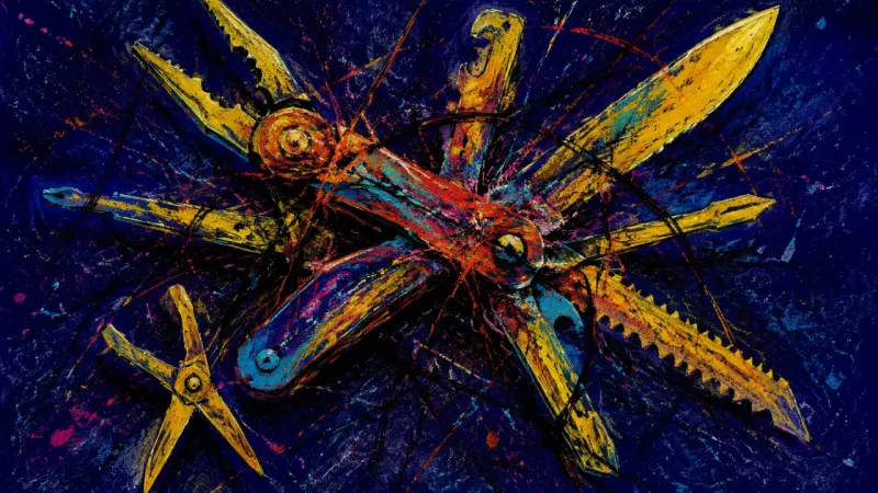 A distorted multitool trapped in crossing lines, representing self-help overload, stalled action, a