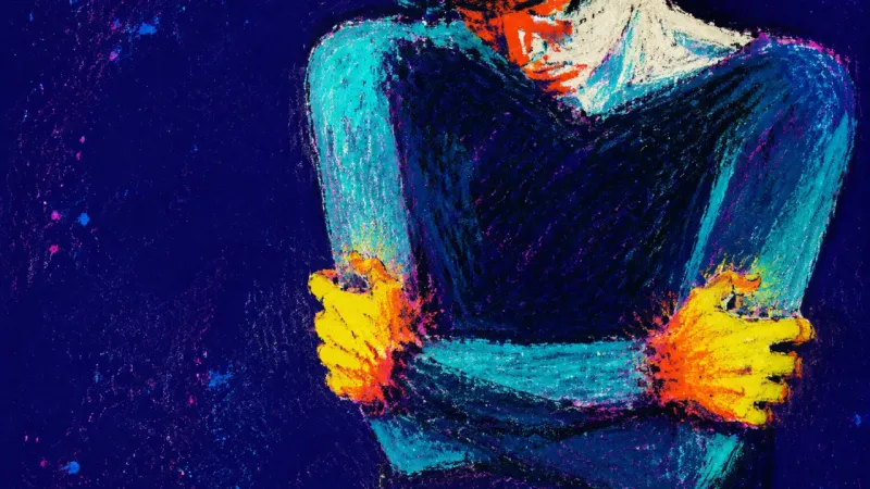 Present Tense Crossed forearms compress an abbreviated torso, symbolizing the bodily cost of funding an uncertain