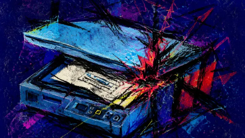 An abstract scanner buckled around a trapped document, representing shame-driven self-erasure and st
