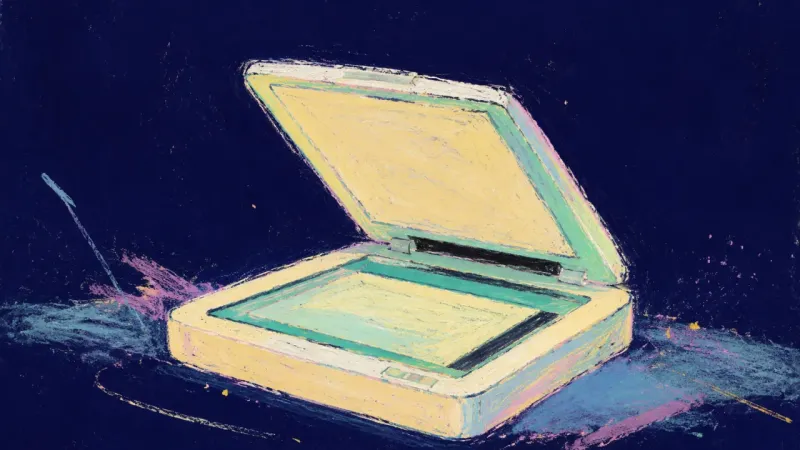 An abstract scanner holding a clear document, representing self-compassion, continuity, and balanced