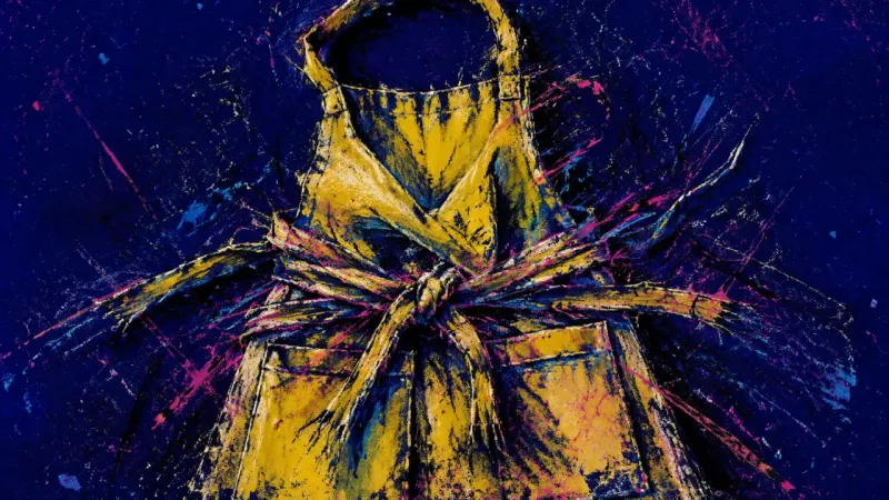 Care Under Contract An apron crushed by knots and crossing lines, representing compulsive caretaking and fear that bound