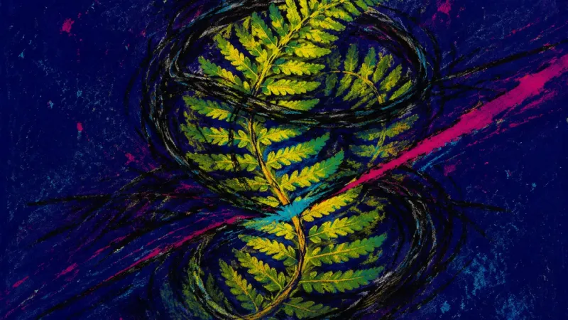 Frond Under Constraint A fern frond crushed into a tight coil and cut by tangled lines, representing career ambivalence,