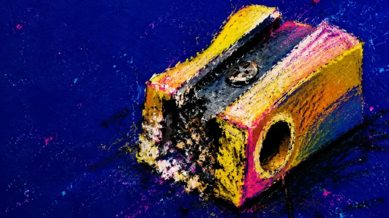 The Polished Delay A jammed pencil sharpener represents the anxious habit of perfecting a study space while delaying