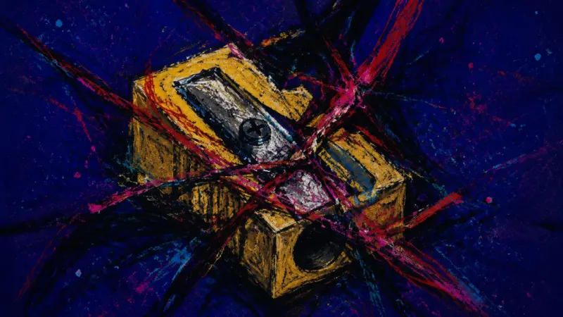 Jammed Readiness A compressed pencil sharpener symbolizes productive procrastination, with disorder and pressure