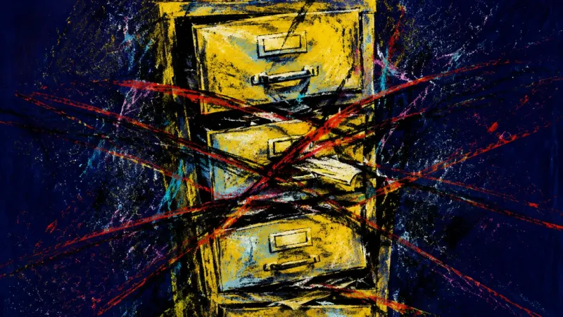 Archive of Avoidance A crushed filing cabinet representing rejection-linked procrastination, exclusion fears, and the9