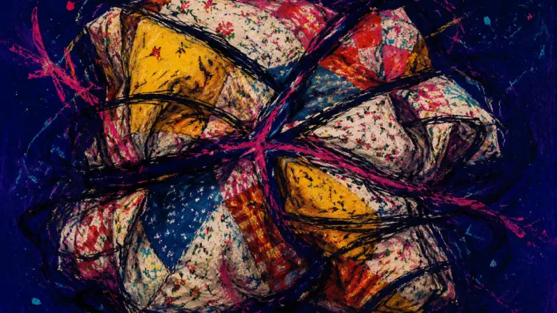 The Collapsed Pattern A quilt buckles under tangled marks, representing self-silencing and the pressure to preserve family