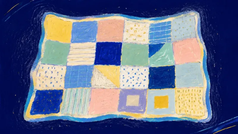 Pattern Reclaimed A fully unfolded quilt with distinct, balanced patches, representing self-trust, honest boundaries,과