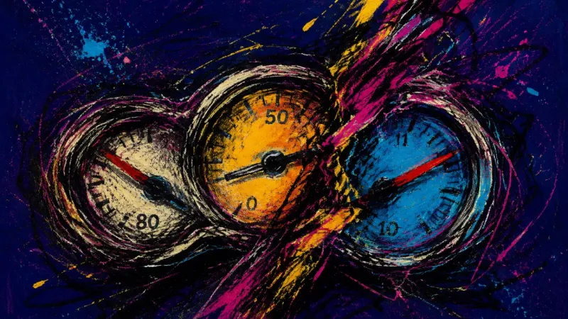 Crushed Calibration A crushed gauge cluster bound by tangled lines represents approval-driven decision paralysis and the