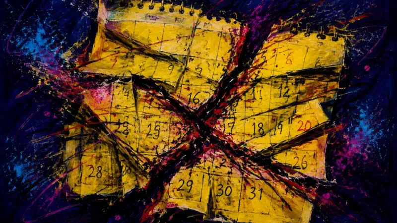 Collapsed Calendar An abstract calendar collapses into a chaotic grid, representing the urge to restore intimacy before