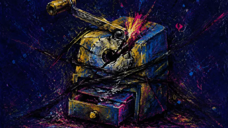 The Blunted Start A crushed crank pencil sharpener trapped in a dense tangle, representing study-setup perfectionism