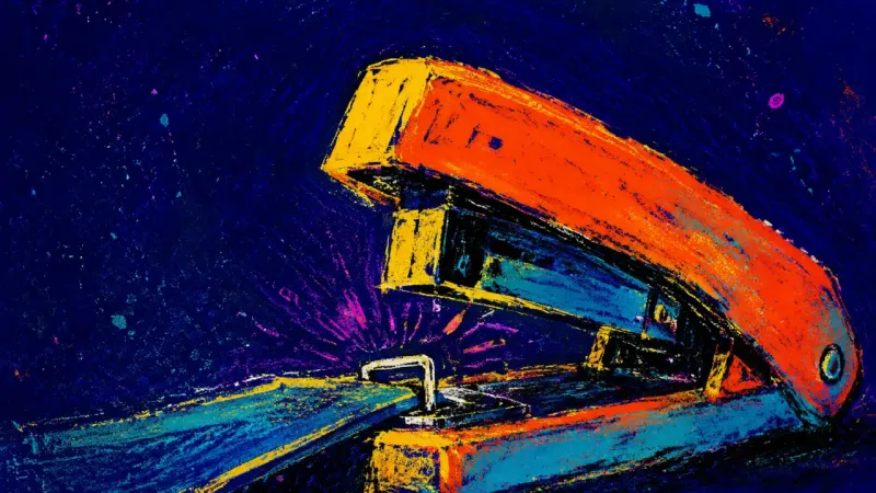The Unfinished Press A jammed stapler with a bent staple, symbolizing career-transition perfectionism and fear of acting