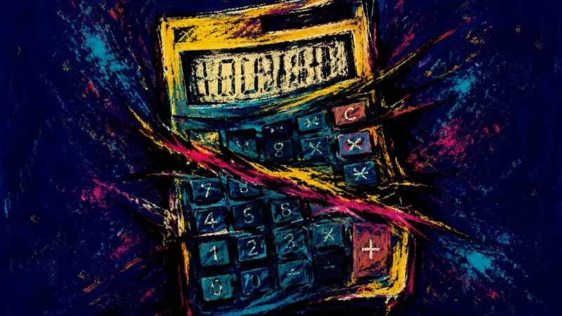 Calculation Under Pressure An abstract calculator crushed by tangled lines, representing career-transition perfectionism and2
