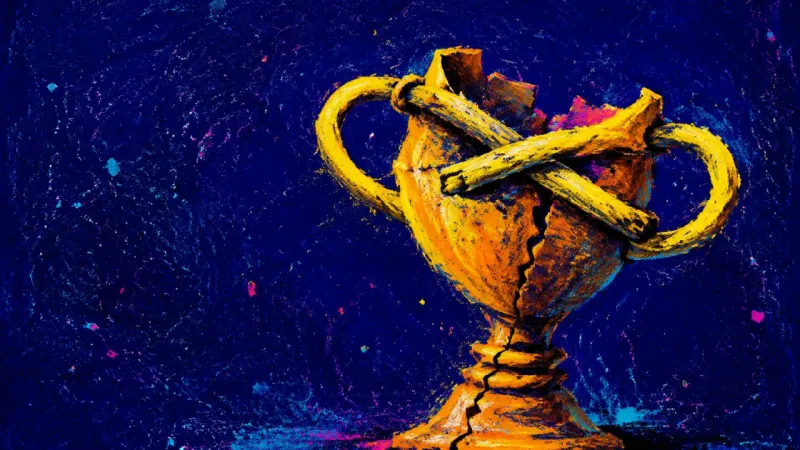 A trophy cup crushed shut by its own crossed handles, showing how a completed goal can become an al‌