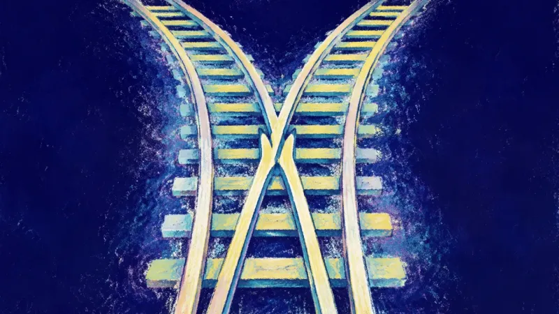 A restored railway switch opens into two orderly routes, representing achievement as evidence and cu