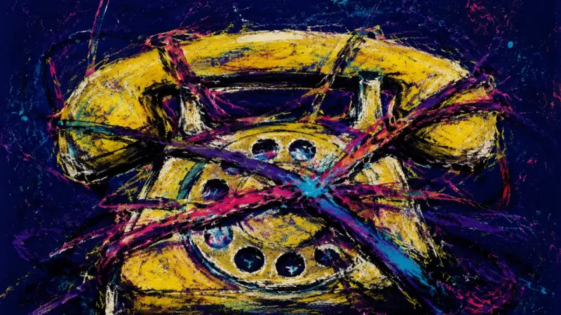 A crushed rotary telephone tangled in constricting lines symbolizes study paralysis while waiting