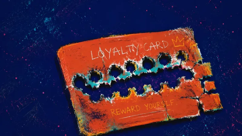 A loyalty punch card pierced through every reward circle, symbolizing the pressure to earn belonging