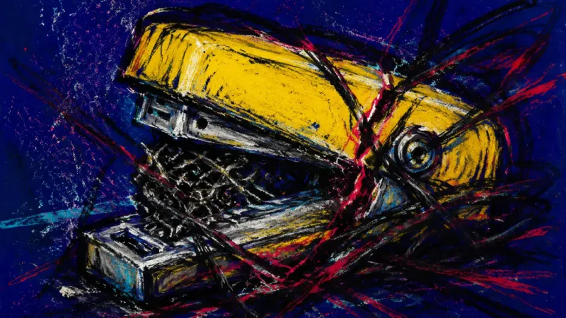 A stapler jammed shut beneath chaotic pressure, representing the compulsion to solve friends'