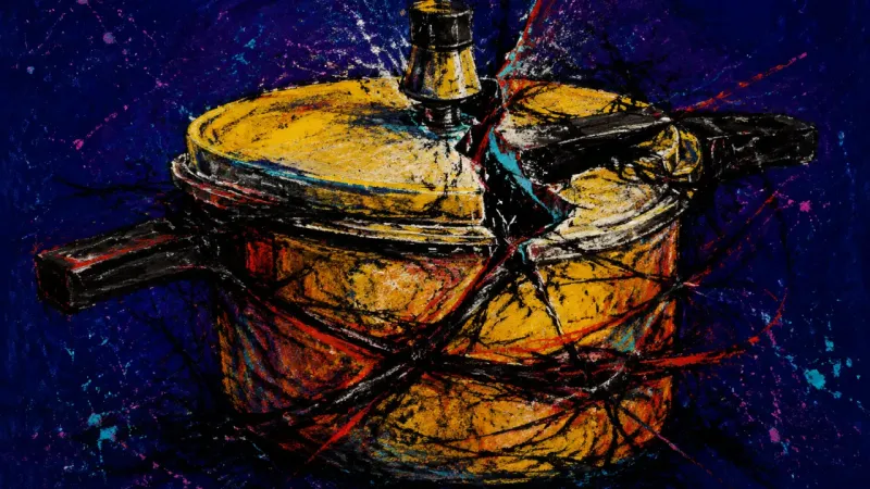 Sealed Pressure An abstract pressure cooker with a jammed lid, representing suppressed anger, conflict avoidance,และ