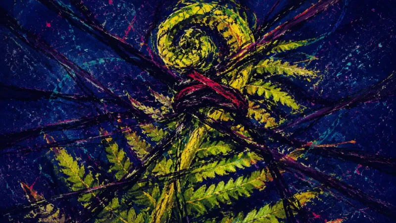 A fern frond crushed into a tangled spiral, representing promotion anxiety and the pressure to prove