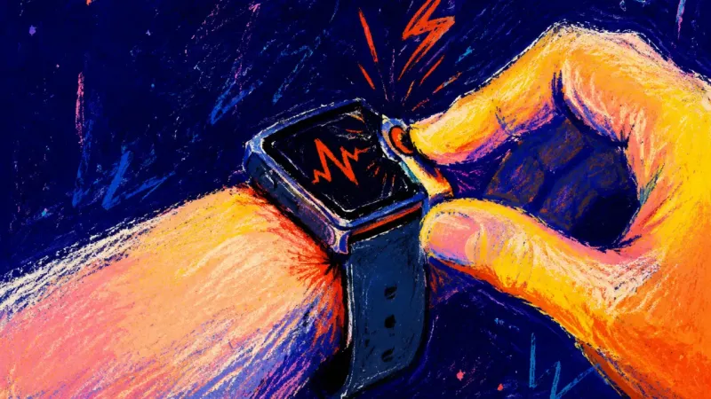 The Urgent Detour A hand crushes the button of an overtightened smartwatch, symbolizing the compulsive pull of digital