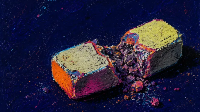 A block eraser worn through the middle and split apart, symbolizing the loop of leaving study when