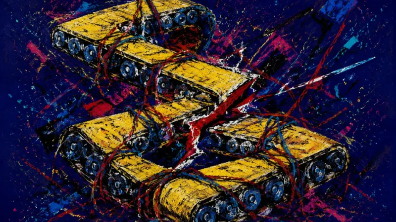 The Broken Sequence A distorted conveyor belt caught in chaotic tangles, representing guilt and lost control in the