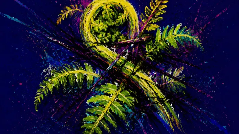 A fern crushed into a bound, fragmented form, representing study disengagement driven by fear that