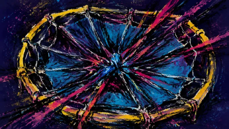 Boundary Under Strain A crushed trampoline tangled by dense lines, representing perfectionism, stalled completion, and